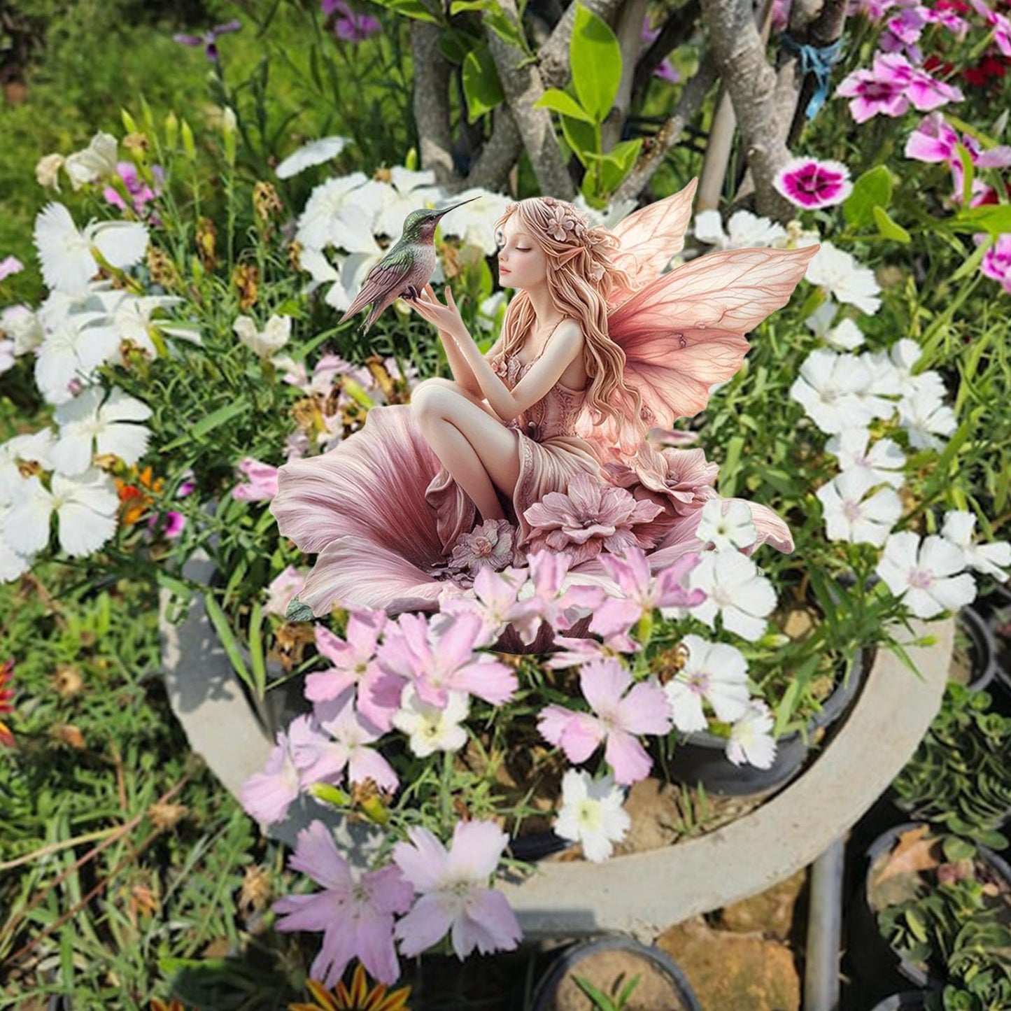 ANNUOZE Fairy Garden Stake Decor, 2D Flat Acrylic Fairy Garden Decor Panel, Elf Yard Sign for Outdoor Indoor Yard Lawn Plants Pots, Fairy Garden Accessories (Flowers Fairy and Hummingbird)