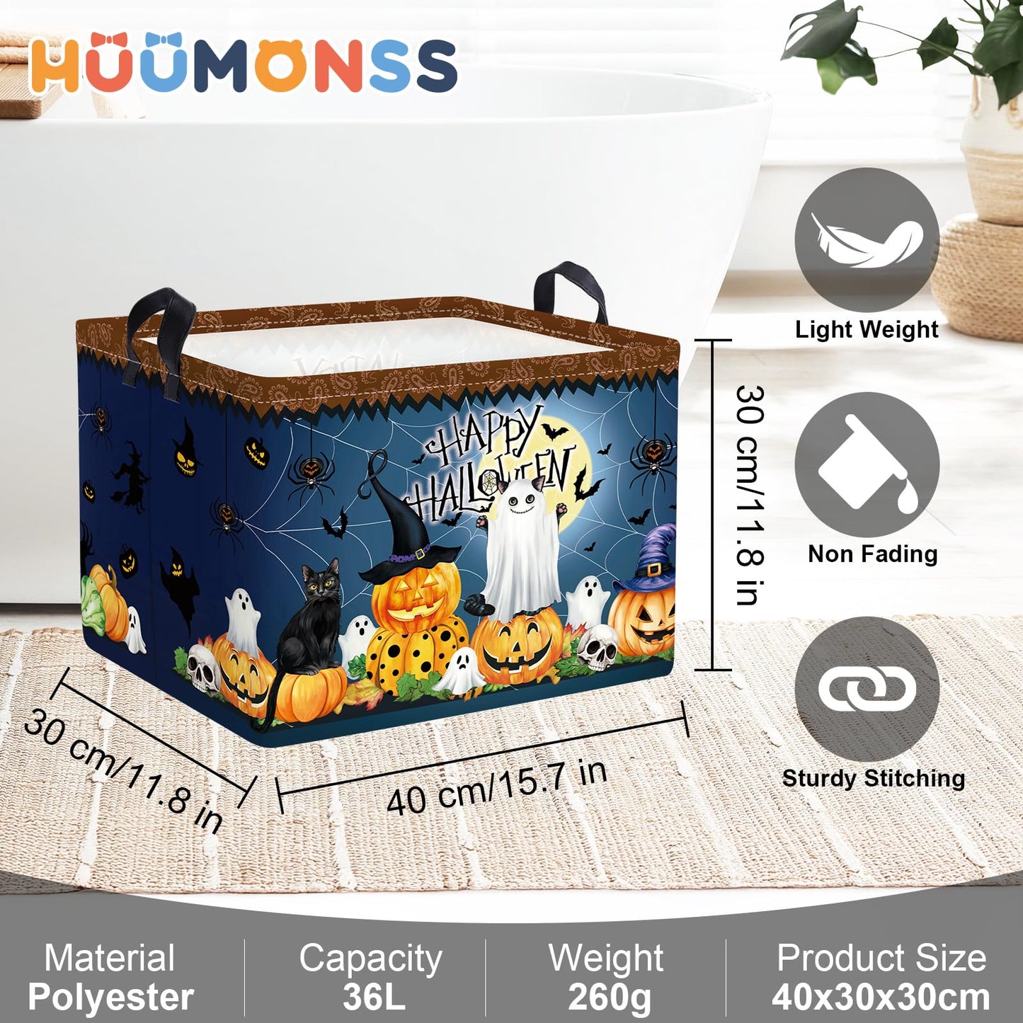 HUUMONSS Halloween Baby Storage Basket Ghost Bat Pumpkin Collapsible Clothes Kids Laundry Hamper Large Boys Girls Gift Toy Box Bin for Nursery Room,Hat Witch,40*30*30 cm
