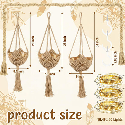 Sliner 3 Pack Jute Crochet Plant Hanging Baskets with Lights and Hooks Macrame Plant Hangers Boho Hanging Baskets for Indoor and Outdoor Home Decor, 3 Different Size