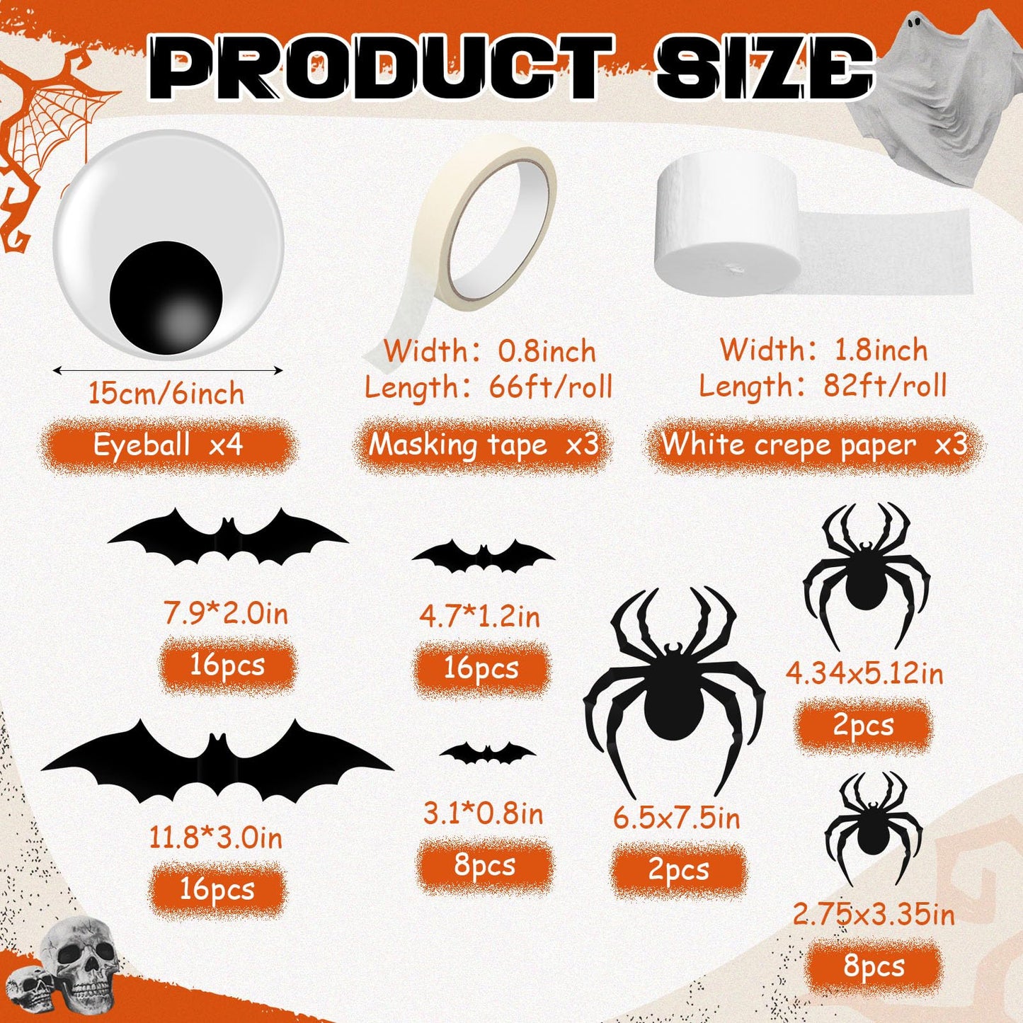 Engrowtic 78 Pcs Halloween Mummy Decorations Set with 3D Bat and Spider Stickers Wall Decor Self Adhesive Large Wiggle Eyes Crepe Paper and Masking Tape for Halloween Cosplay Party Door DIY Decor