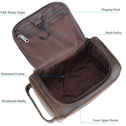 TIDING Mens Leather Hanging Toiletry Bag Travel Shaving Kit Portable Makeup Cosmetic Organizer Wash Case