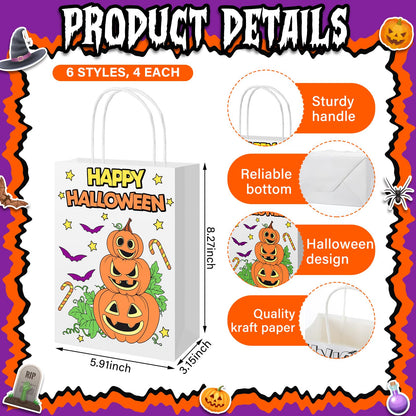 Zhanmai 24 PCS Happy Halloween Coloring Bags - Color Your Own Paper Gift Bags with Handle - DIY Craft Party Favor Bags for Goodie Treat Gift