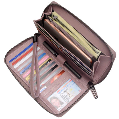 Bveyzi Women RFID Blocking Wallet Leather Zip Around Phone Clutch Large Capacity Ladies Travel Purse Wristlet (Dark Pink)