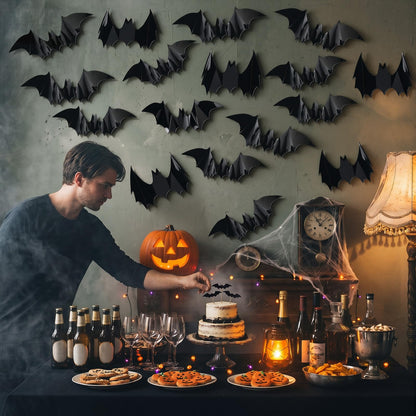 Pinkunn 20 Pcs Large Halloween Bats Wall Decor 15.7 x 5.9 Inch 3D Black Scary Wall Stickers Reusable PVC Gothic Bat Decals for Halloween Party DIY Home Window Door Decorations