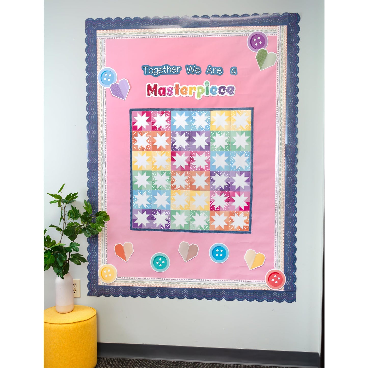 Carson Dellosa Crafty and Cool 54-Piece Together We are a Masterpiece Motivational Bulletin Board Set, Colorful Quilt Squares and Denim Strips Classroom Decor