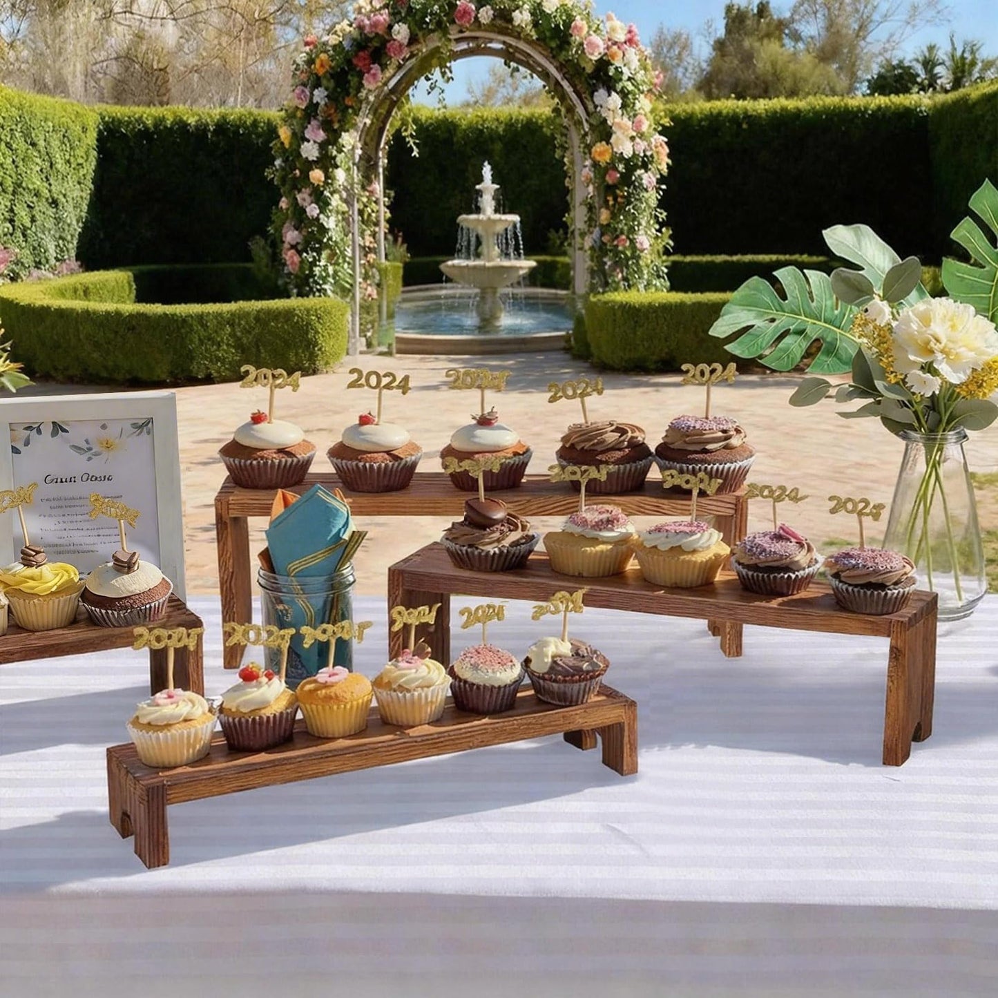 YUZUKYAUY Large 2 Set Stackable Wooden Cupcake Stand Tiered Riser Display Stands for Vendor Events Vendor Booth Display Items Farmhouse Decor Wood Dessert Table Display Set (Dark Brown, 2Pack)