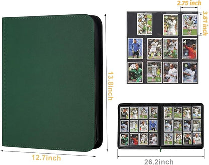 12 Pocket Ringless Side Loading Trading Card Binder, 720 Cards PU Fixed Page Zipper Card Album for TCG Sports Game Cards, Not Fit Top Loaders (Dark Green)