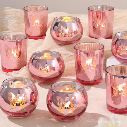 Lanttu Pink 12 Pcs Combination Tea Lights Candle Holder Decorative with Butterfly Pattern, Votive Candle Holders for Wedding, Birthday, Anniversary, Parties, and Holiday Decorations