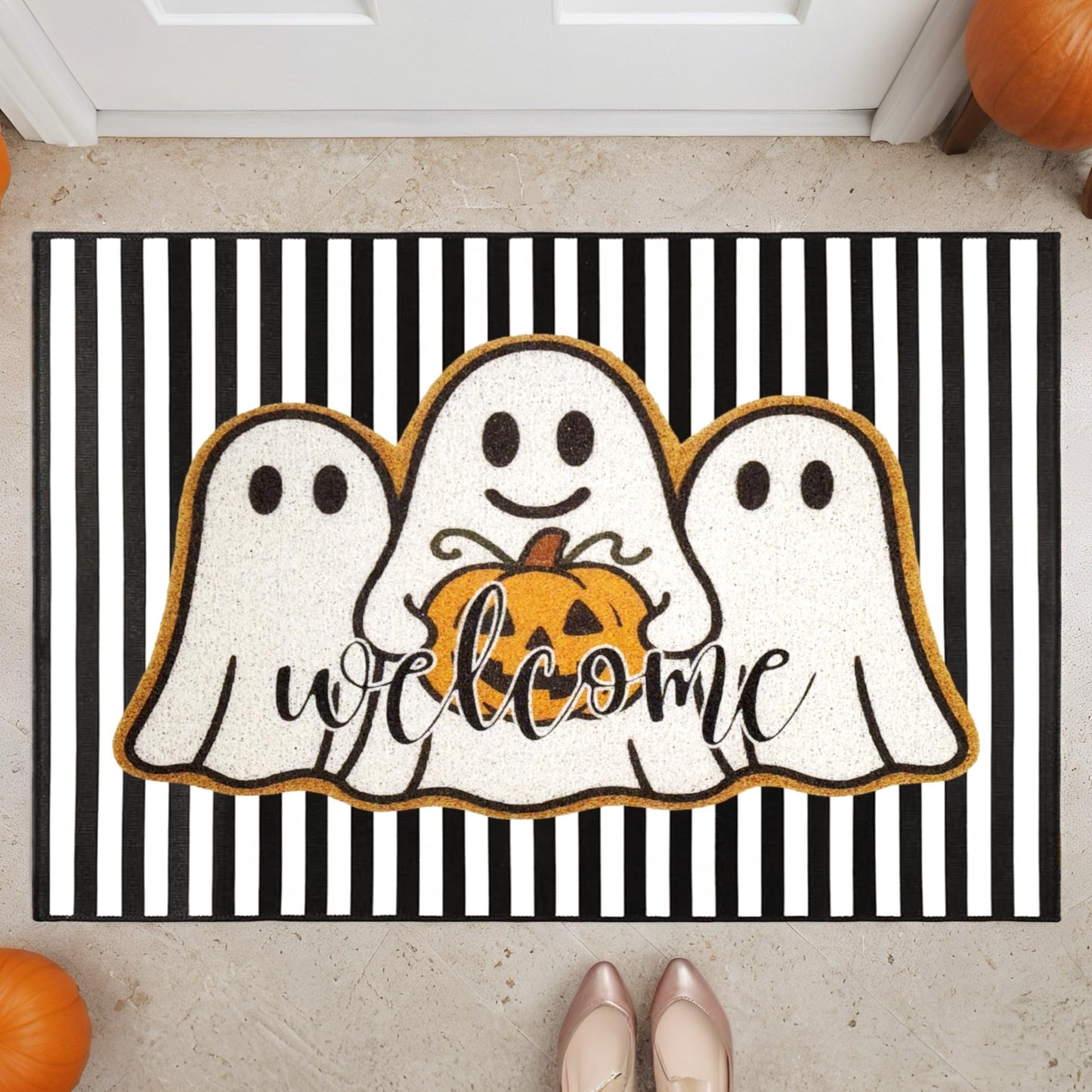 2 Pcs Halloween Welcome Door Mats, Ghost Outdoor Polypropylene Coir Mat with White Ghosts & Pumpkin, Black White Stripe Crystal Velvet Non-Slip Rug for Front Porch Entryway