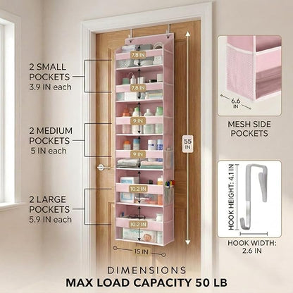 HOMELUX THEORY UPGRADED 6 Tiers Over The Door Organizer Hanging - 100D EXTRA THICK & 50lbs HUGE CAPACITY, 12 Side Mesh Pockets Over The Door Shoe Organizer, Hanging Closet Organizer (Baby Pink, 1pc)