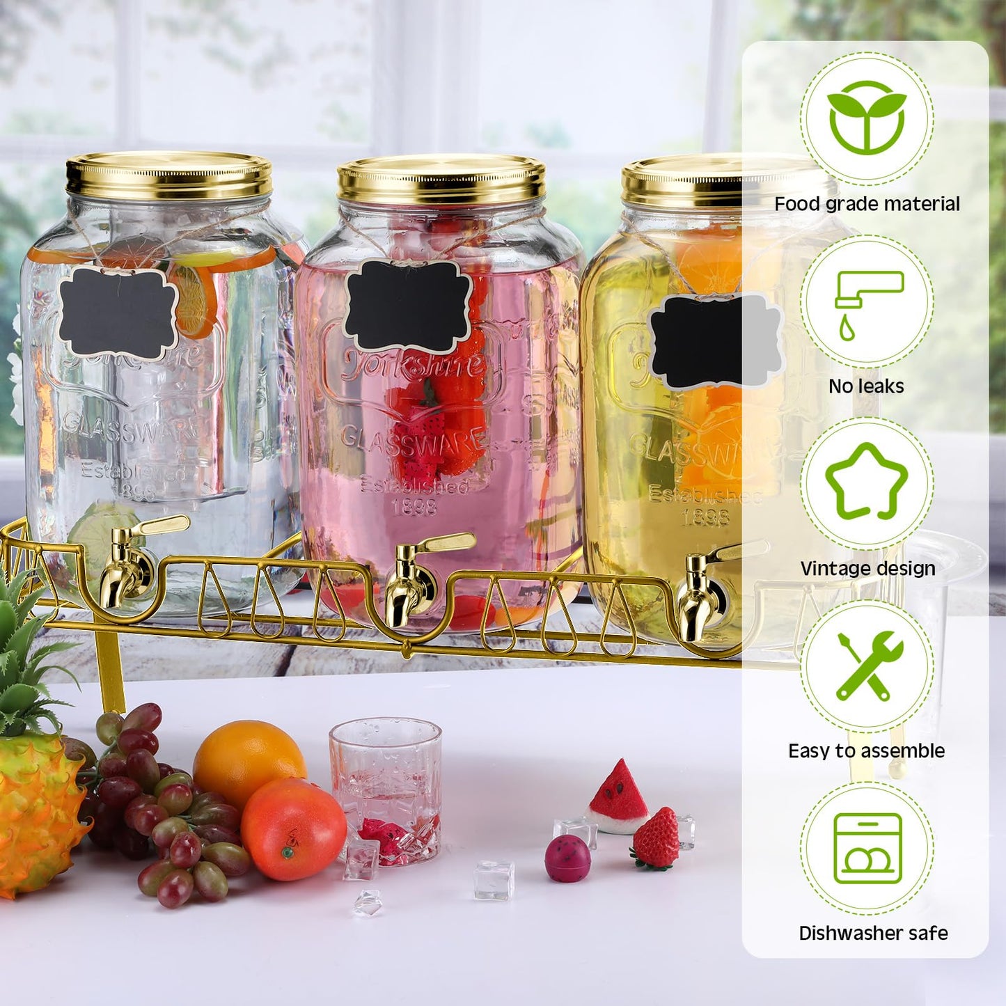 Lallisa 3 Pcs 2 Gallon Glass Drink Dispenser with Stand and Lid Mason Jar Beverage Dispenser with Stainless Steel Spigot, Hanging Chalkboard Signs, (Gold)