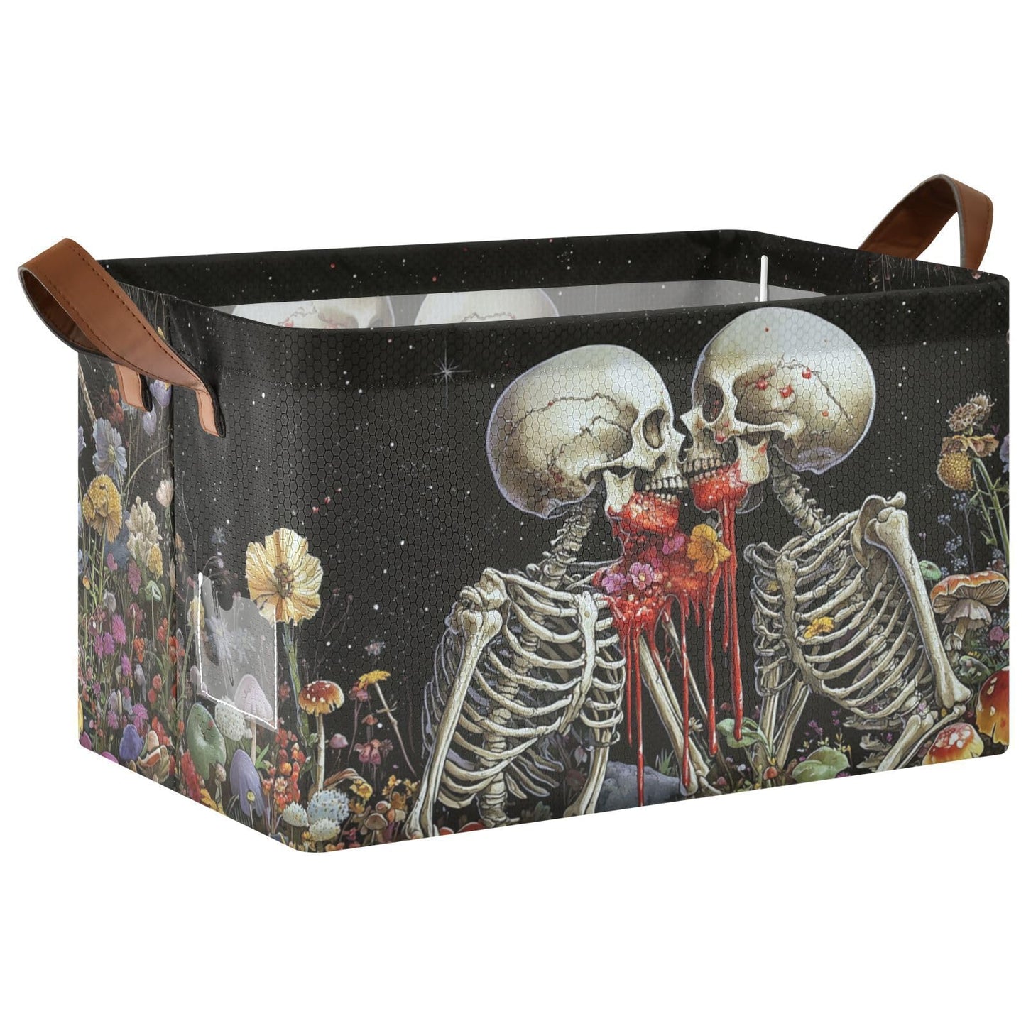 Black Skeleton Gothic Storage Bins for Shelves with Labels&Handles Halloween Organizer Bin Foldable Rectangle Storage Basket Black Goth Skull Boxes for Closet, Bathroom, Home, Living Room, Laundry