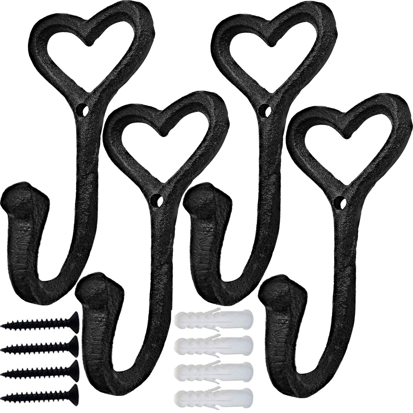 ZEYU Heavy Duty Coat Hooks, 4pcs Cast Iron Love Heart Shape Wall Hooks for Hanging Coats, Black No Rust Hooks for Scarf, Bag, Towel, Key, Cap, Cup, Hat
