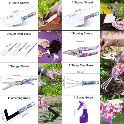 Garden Tools Set, JUMPHIGH 10 Pieces Gardening Tools with Floral Print, Ergonomic Handle Trowel Rake Weeder Pruner Shears Sprayer, Garden Hand Tools with Carrying Case Gardening Gifts for Women Father