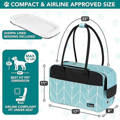 PetAmi Dog Purse Carrier for Small Dogs, Airline Approved Soft Sided Pet Carrier with Pockets, Ventilated Dog Carrying Bag for Puppy Cat, Dog Travel Supplies Bag, Sherpa Bed, Max 12 lbs, Chevron Teal