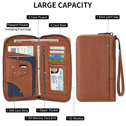 LEEXTON RFID Blocking with Zipper Travel Passport Wallet,Travel Document Organizer for Men and Women Family Holder with Wrist Strap