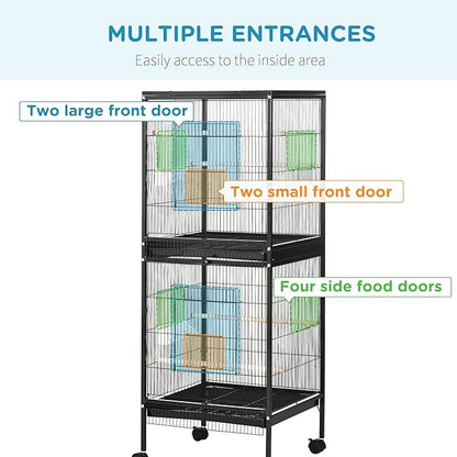 PawHut Large Bird Cage with 1.7 ft. Width for Wingspan, Bird Aviary Indoor with Multi - Door Design, Fit for a Canary, Finch, Conure, 55", Black