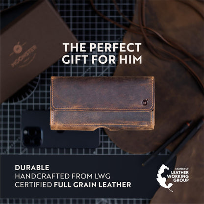 Moonster Leather Phone Holster – Genuine Full-Grain Leather for iPhone 17/16/15/14 Pro Max & Plus, Galaxy S25/S24 Ultra – Slim Belt Clip Phone Pouch with Magnetic Closure, Fits Thick Cases – 7” x 3.5”