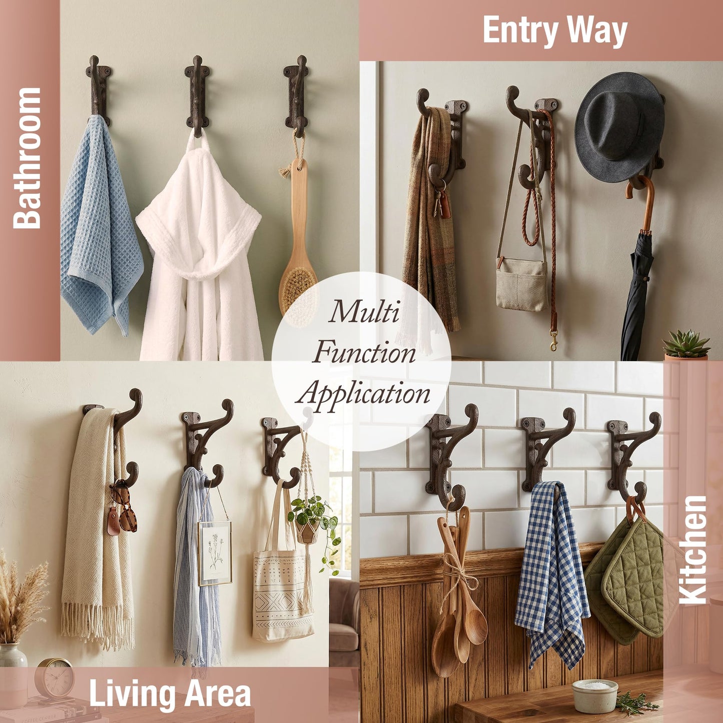 Rustic Cast Iron Coat Hooks (3 Pack) Rustic Dark Brown, Wall Mounted, Farmhouse Decorative, Heavy Duty Wall Hooks for Hanging Coats, Hats, Towels (Mounting Hardware Included)