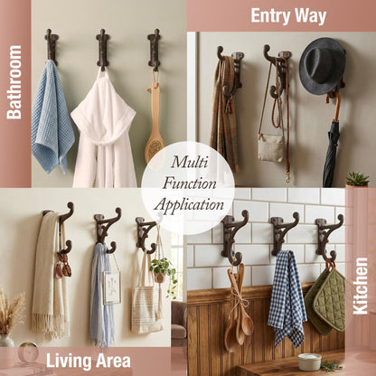 Rustic Cast Iron Coat Hooks (3 Pack) Rustic Dark Brown, Wall Mounted, Farmhouse Decorative, Heavy Duty Wall Hooks for Hanging Coats, Hats, Towels (Mounting Hardware Included)