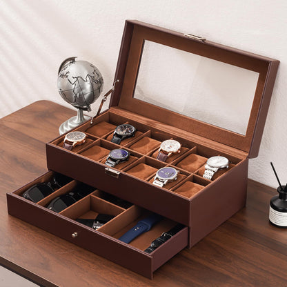 ProCase Watch Box, Fathers Day Gift for Dad, 12 Slot Mens Watch Case With Drawer, 2-Layer Watch Display Case With Glass Lid, Mens Jewelry Box Storage Holder Organizer -12Slot, Espresso