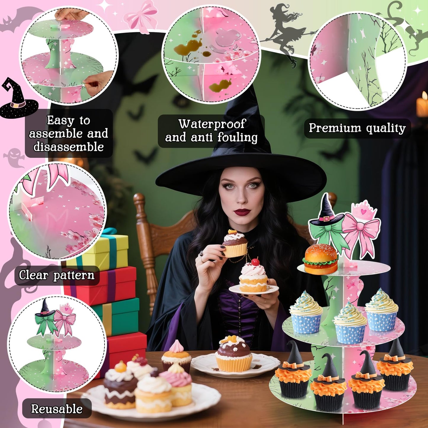 2 Pack Pink and Green Cupcake Stands Witch Themed Birthday Party Supplies,3 Tier Halloween Cardboard Cupcake Holder Tower for Wicked Party,Birthday, Baby Shower