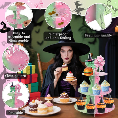 2 Pack Pink and Green Cupcake Stands Witch Themed Birthday Party Supplies,3 Tier Halloween Cardboard Cupcake Holder Tower for Wicked Party,Birthday, Baby Shower