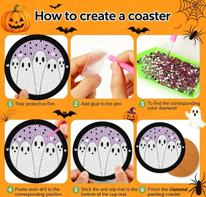 KYOQFVN 8 PCS Halloween Diamond Art Coasters, Ghost Diamond Painting Coasters with Holder Cork Pad, Diamond Dots Art Painting Coasters Crafts Kit for Home Wall Decor (Ghost Theme)
