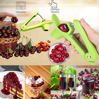 Cherry Pitter Tool, Heavy-Duty Stainless Steel Pitting Tool, Portable Cherries Corer Stoner Seed Tool with Lock Design, Fruit Pit Remover for Cherry Jam (Green)