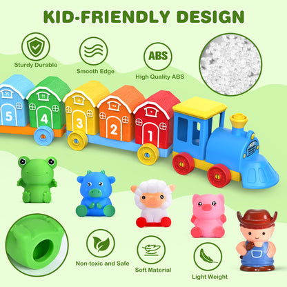 GooMags Montessori Toys for Toddlers, Farm Animal Train Set with Counting Matching Sorting Activities 9 Barns, 10 Finger Puppets, 2 Stickers-Learning Toys for Baby Boys Girls, Preschool Gift