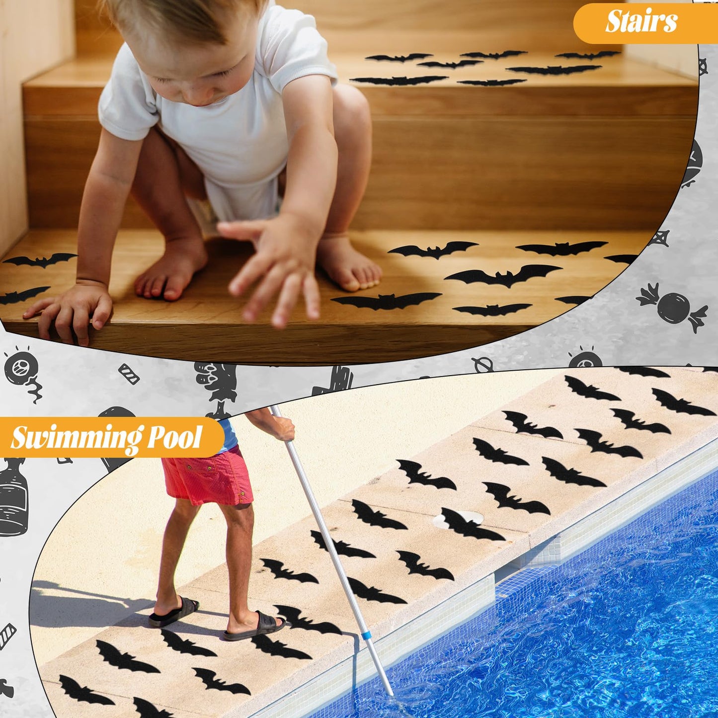 Chiisong 24 Pcs Non Slip Black Bat Bathtub Stickers for Kids Halloween Horror Bath Treads Adhesive Anti Slip Shower Decal Threads with Scraper for Kid Toddler Bath Tub and Shower Floor Bathroom Decor