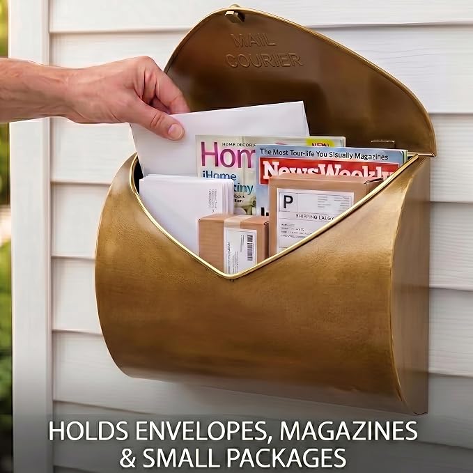 Gold Wall Mount Mailbox for Outside,Waterproof Metal Mailboxes with Rust-Proof Galvanized Steel,Large Capacity Envelope Mailbox for House,12.99 x 10.35 x 3.5 Inch