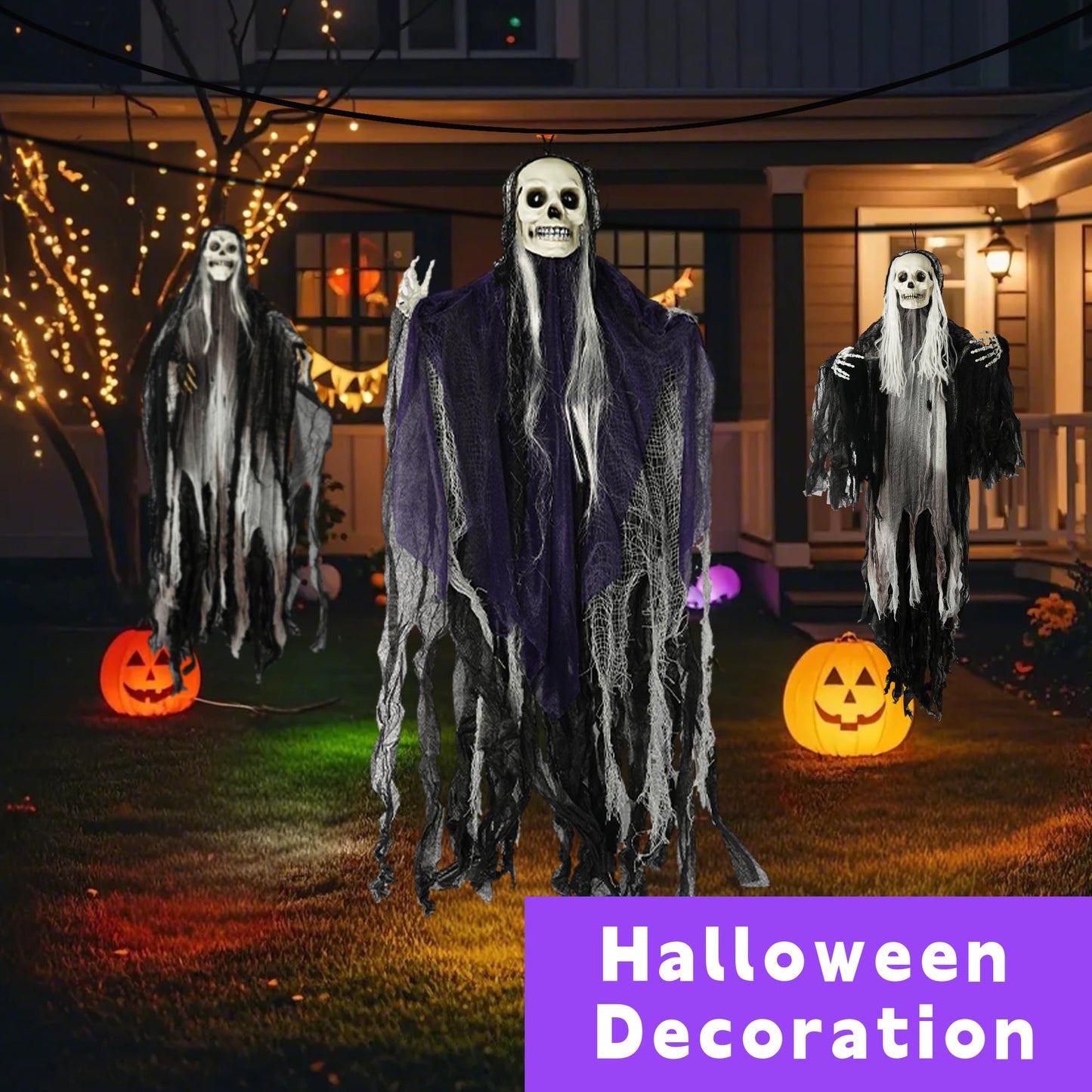 Hourleey 3 Pack Halloween Hanging Ghosts Decorations Outdoor, Scary Flying Grim Reapers Skeleton, Skull Ghost Halloween Decor for Yard Porch Frontdoor Party Haunted House Props