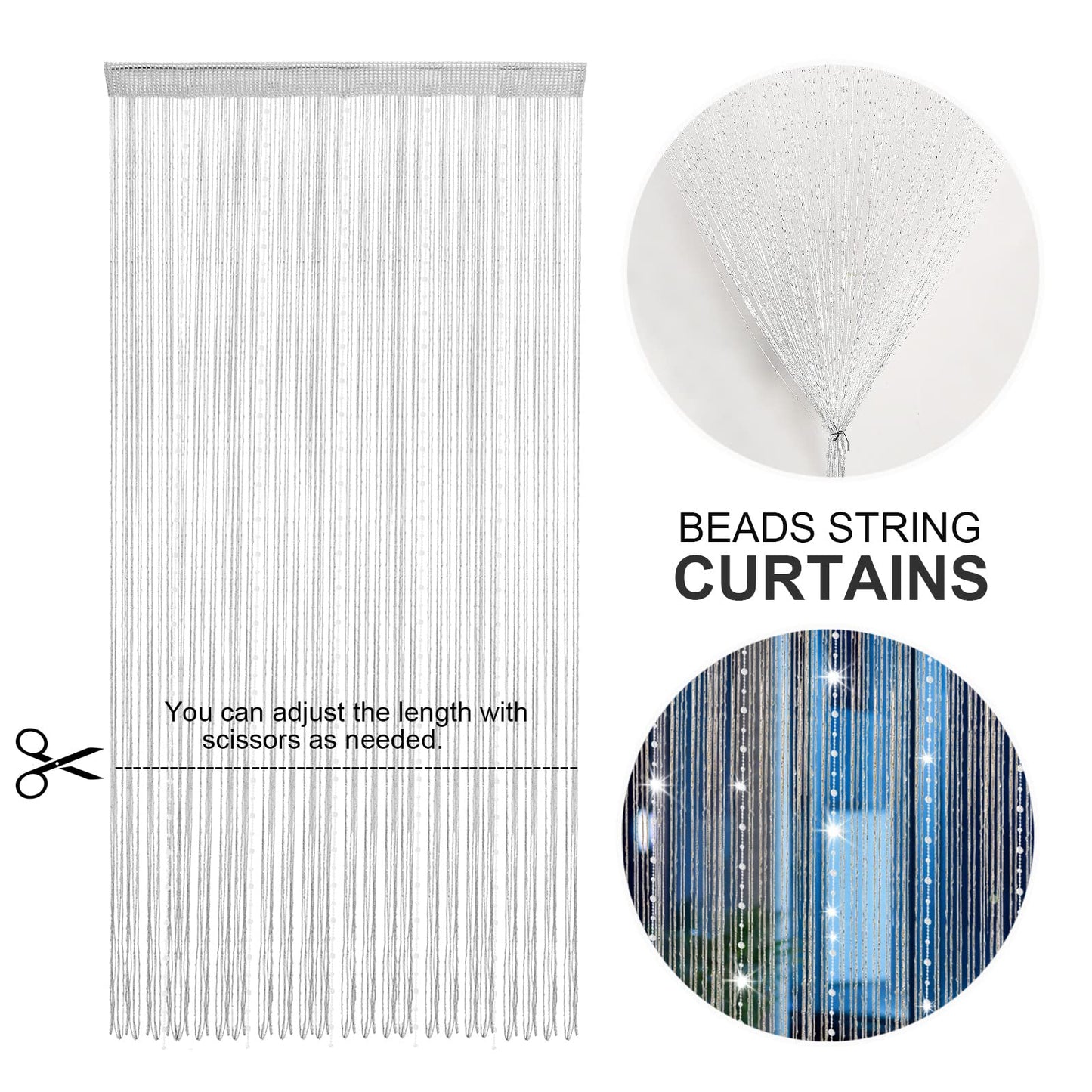 HANTURE Silver Beaded String Curtains for Doorways 36 x 77 Inch Crystal Tassel Beaded Curtain for Door Hanging String Beads Curtains Fringe Screen Panel for Wedding Office Home Decor