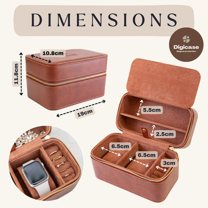 DIGICASE Watch and Jewelry Travel Case for Men & Women, Luxury PU Leather Organizer for 2 Watches, Rings, Earrings & Sunglasses - Black - Zippered Compact Travel Storage Jewelry Holder Gift (BROWN)
