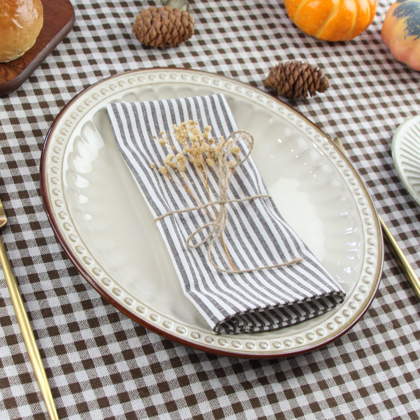 INFEI Plain Striped Cotton Linen Blended Dinner Cloth Napkins - Set of 12 (40 x 30 cm) - for Events & Home Use (Brown)