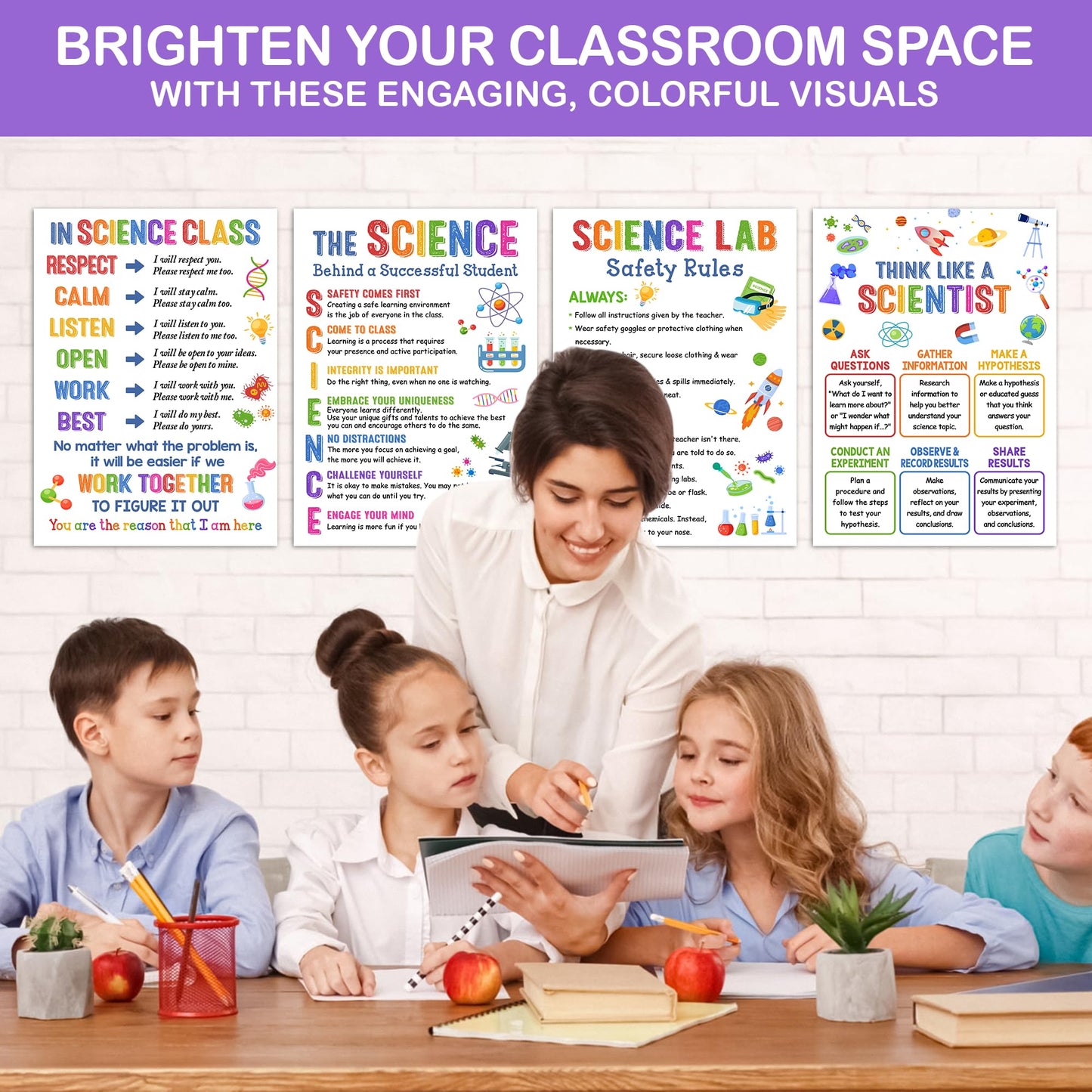 Lalunia 4 Pcs Science Posters for Classroom Decor (11"x 16") - Lab Safety Rules, STEM Wall Art for Middle School, Teacher Supplies, Bulletin Board Decorations, Science Classroom Must Haves