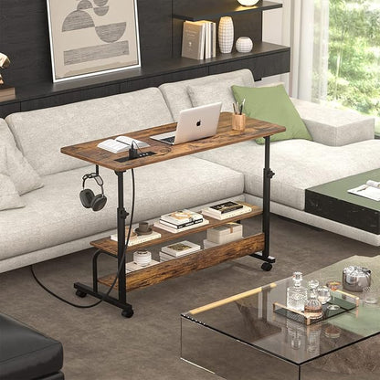 Armocity Height Adjustable Standing Desk with Power Outlets, 39" Manual Stand Up Desk with Storage Shelves Small Mobile Rolling Computer Desk Portable Laptop Table with Wheels for Home Office, Rustic