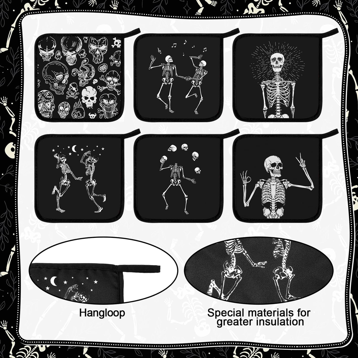 Bencailor 12 Pcs Pot Holders with Pocket Kitchen Hot Potholders Hot Pad Oven Mitts Cookie Bag Oven Gloves for Kitchen Gift Baking Cooking (Black,Skull 2)