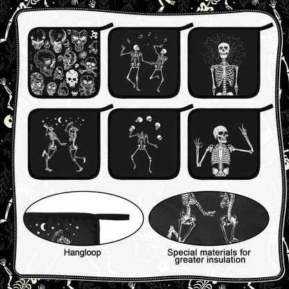 Bencailor 12 Pcs Pot Holders with Pocket Kitchen Hot Potholders Hot Pad Oven Mitts Cookie Bag Oven Gloves for Kitchen Gift Baking Cooking (Black,Skull 2)