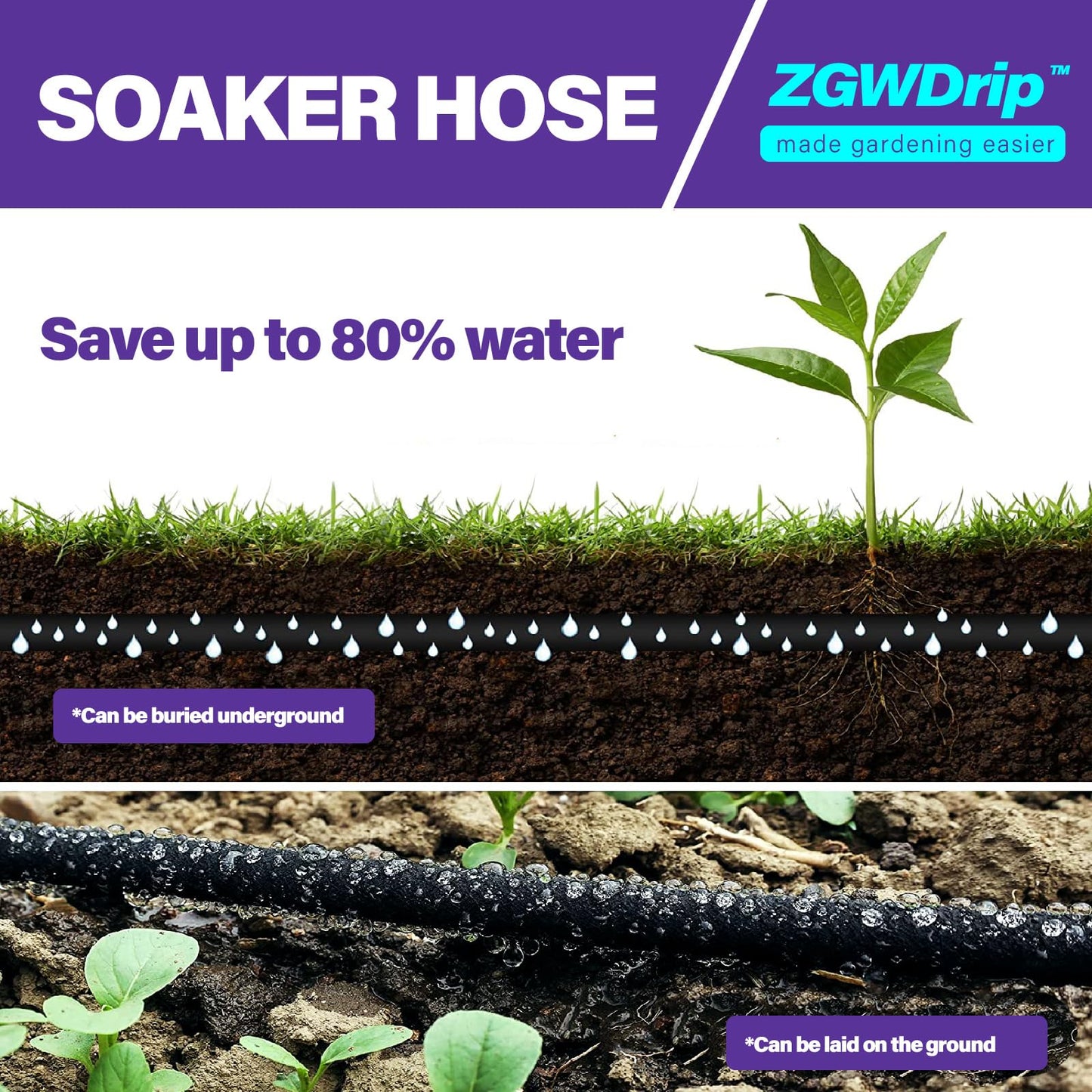 ZGWDrip 100FT 1/2" Water-Saving Soaker Hose with Solid Brass Connectors, Drip Irrigation Kit for Lawn & Landscaping with Metal Ground Stake & Accessory Kit