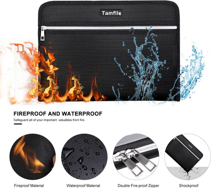 Fireproof Safe Accordion File Organizer Bag Folder,Waterproof Expanding Filing Folder with 14 Pockets, A4 Letter Size, Document Organizer Holder and Color Labels /2 Zipper (Black 14.3" x 9.8")