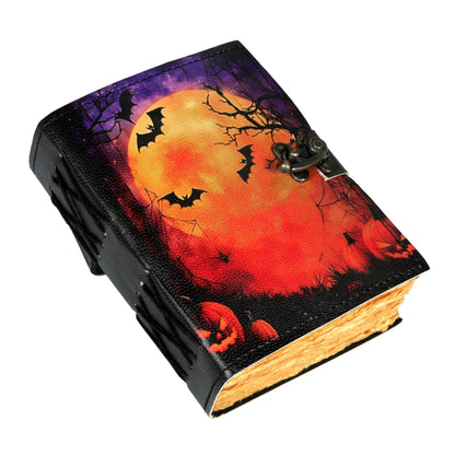 cuero Leather Halloween Journal with Pumpkin & Bat Print, Vintage Handmade Diary with Antique Metal Lock, Thick Handmade Paper, Gothic Notebook for Writing, Sketching & Gift (6.5 x 5)