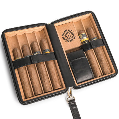 Portable Cigar Humidor Travel Case, Leather & Wood Cigar Box with Humidifier for 6 Cigars, Ideal for Travel and Desktop Storage, Compact and Durable Design