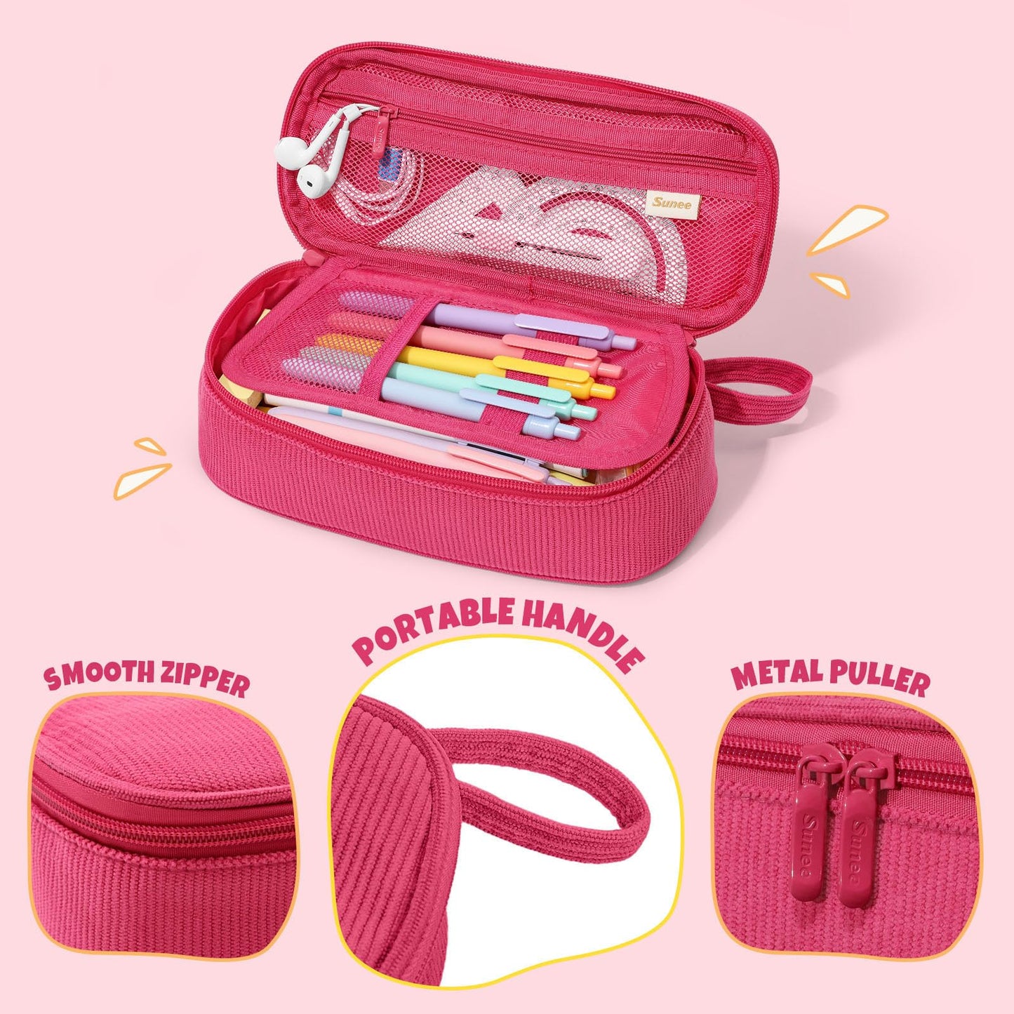 SUNEE Cute Pencil Case, Large Capacity Pencil Pouch, Soft Corduroy Pencil Bag, Big Storage Pen Organizer for Stationery, Aesthetic Pencil Box, Back to School Supplies for Teen Girls Boys, Berry Pink