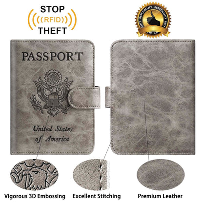 Passport Holder With Luggage Tag Cover Wallet RFID Blocking Leather Case Travel Essentials Accessories Travel Must Have(114#Grey)