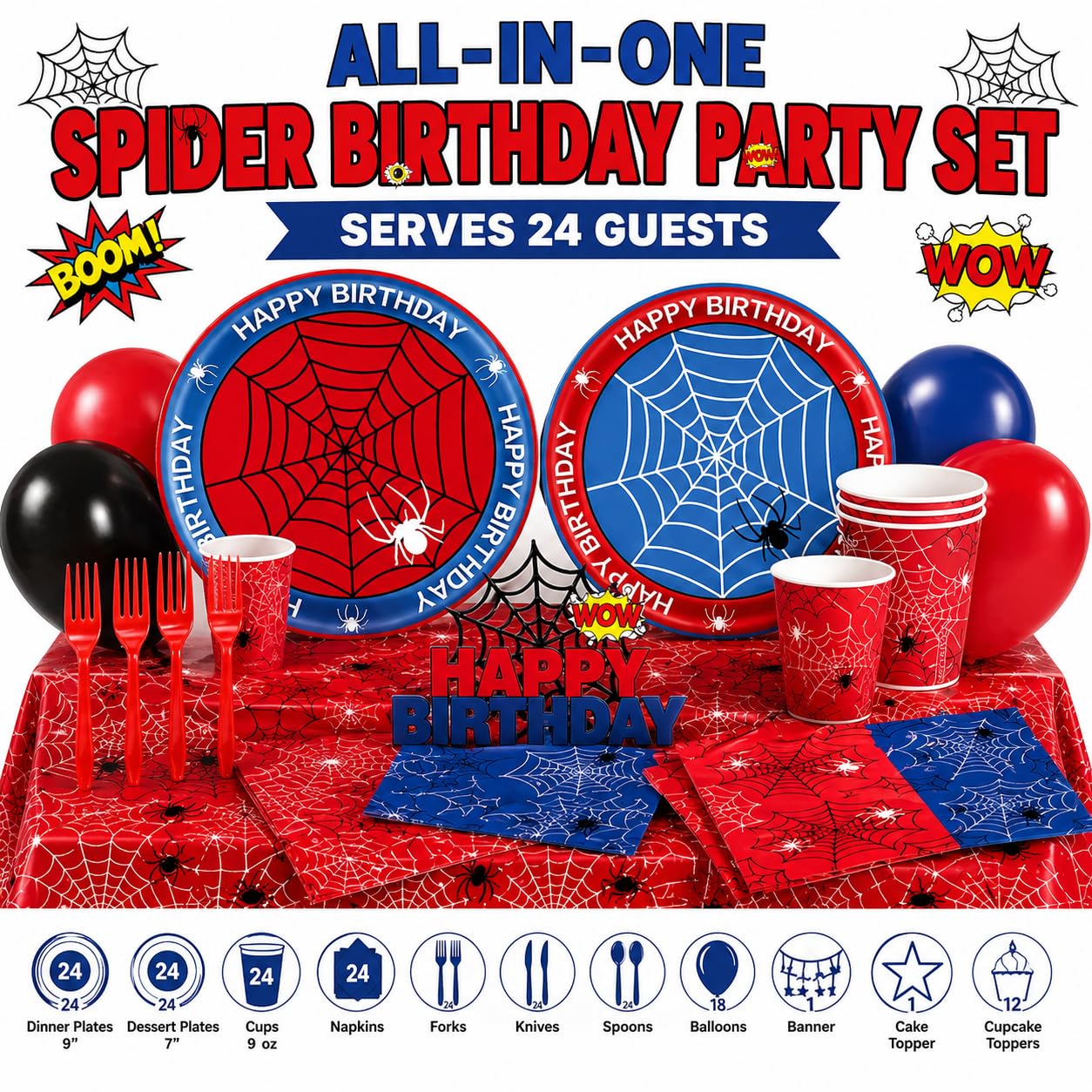 202Pcs Spider Birthday Decorations Party Supplies, Includes Plates Napkins Cups Cutlery Banner Balloons Cake Toppers, Serve 24