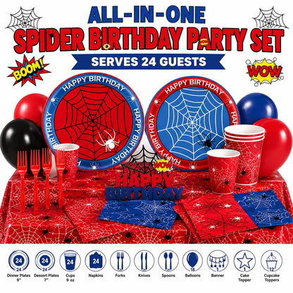 202Pcs Spider Birthday Decorations Party Supplies, Includes Plates Napkins Cups Cutlery Banner Balloons Cake Toppers, Serve 24