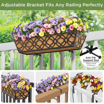 Y&M 4pcs 24 Inch Window Deck with Coconut Coir Liner, 24" Railing Planter Horse Trough Coco Basket Boxes Metal Hanging Flower Balcony for Outdoor Garden Fence Lawn