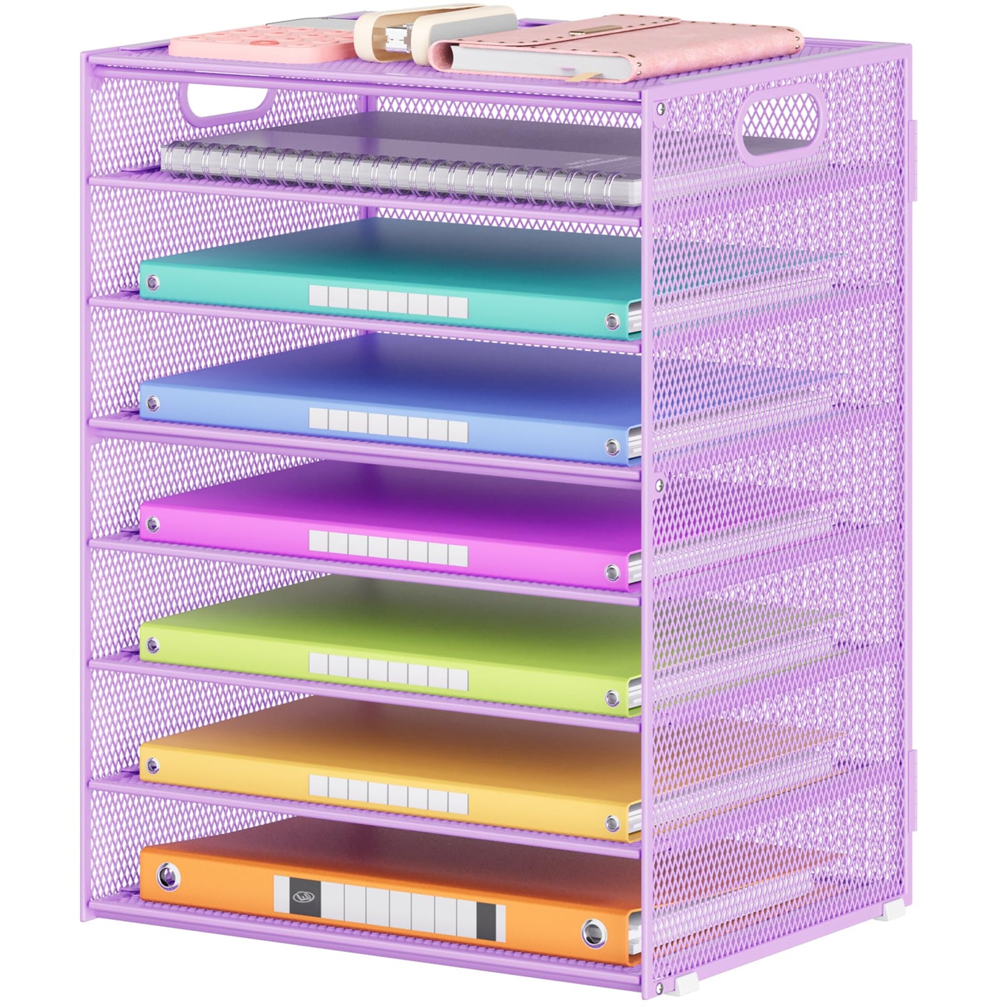 Lavatino 8-Tier Office Desk File Organizer, Letter Tray Paper Organizer with Handle, Including 5 Adjustable Slide Trays for Organizing Desktop Workspace Accessories and Supplies (Purple Metal Mesh)